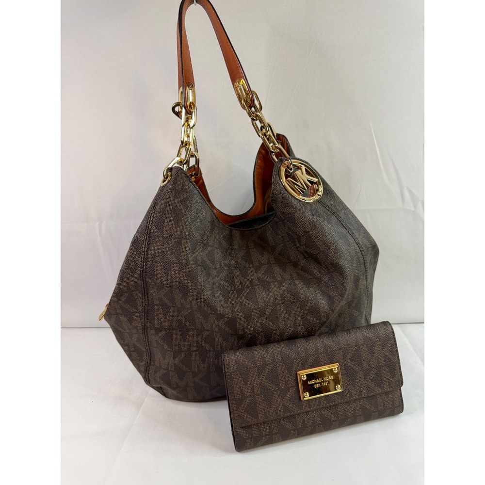 Michael Kors Brown Signature Monogram Hobo Bag and Matching Flap Wallet Set